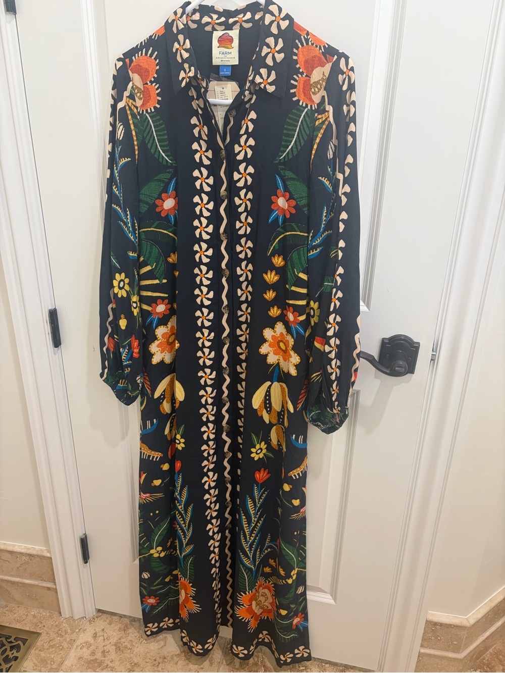 FARM Rio Black Maxi Shirt Dress with Orange Yellow Green and Blue Floral Print - Picture 2 of 7